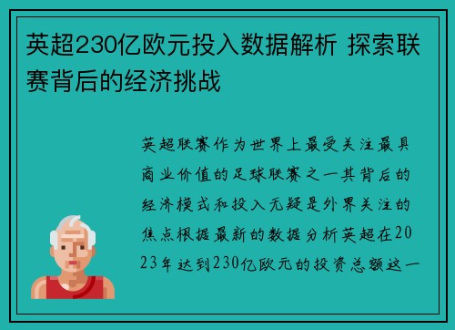 英超230亿欧元投入数据解析 探索联赛背后的经济挑战