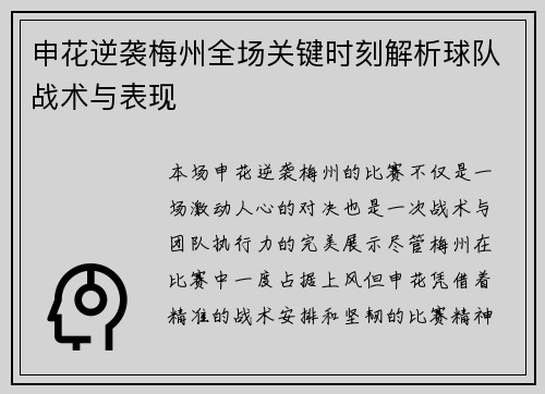 申花逆袭梅州全场关键时刻解析球队战术与表现